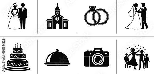 Wedding silhouettes, bride groom church ring icons, cake catering photography dance figures, celebration party artwork, marriage design elements - flat vector illustration