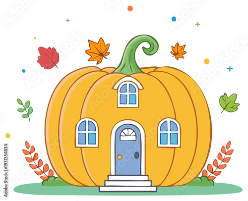 Whimsical fairytale pumpkin house cartoon with falling autumn leaves on a white background
