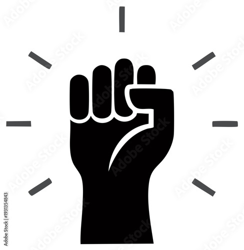 Black fist raised with radiating lines symbolizing power protest and determination