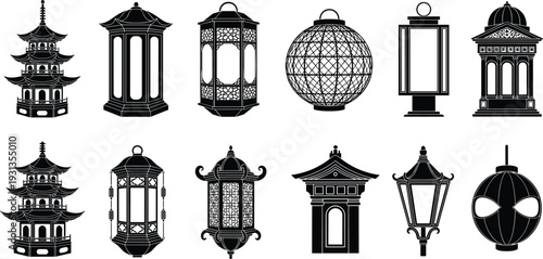 Asian architecture silhouettes, pagodas, ornate lanterns, pavilion structures, cultural heritage icons, traditional design elements, decorative illustration, 