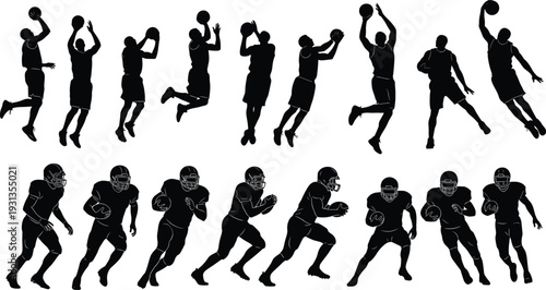Basketball football silhouettes, athlete sports icons, dynamic action figures, running dunking shooting artwork, athletic design elements - flat vector illustration