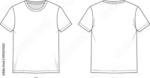 Basic short-sleeve crew neck t-shirt flat sketch, front and back view, fashion design template, garment technical drawing, apparel illustration, flat vector illustration
