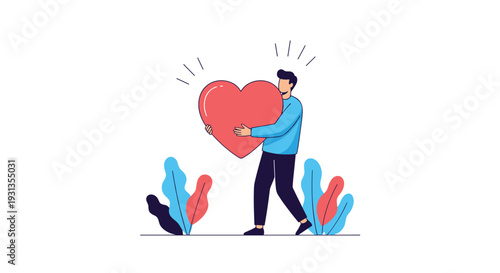 Kind man wearing a blue shirt and dark pants hugging a giant red heart symbol to represent love passion compassion and emotional well being.