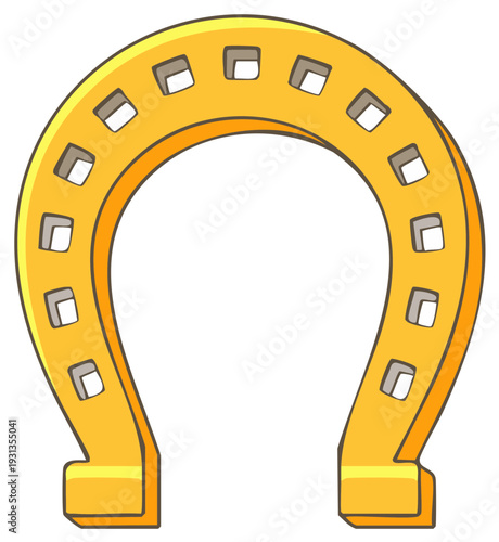 Shiny cartoon-style golden horseshoe with square holes, luck and Irish symbolic charm