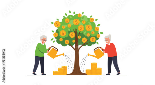 Happy elderly couple watering a large green tree that grows gold coins to represent long term investment retirement savings and growth.