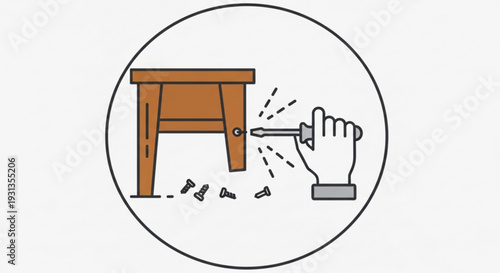 Hand drilling screws into wooden table with scattered hardware on white background