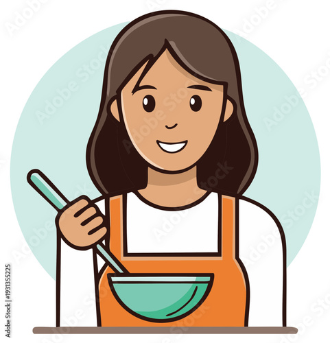 Cartoon woman smiling while holding cooking ladle ready for preparing a meal in the kitchen