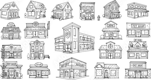 Detailed hand-drawn cartoon sketch collection of various buildings, including pet shops, houses, and stores, in a black and white line art style for architectural illustration.