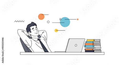 Content businessman leaning back in his office chair with hands behind his head while looking away from his laptop and dreaming of new ideas.