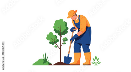 Hardworking gardener wearing a straw hat and blue overalls using a metal shovel to plant a small green tree in a garden on a white backdrop.