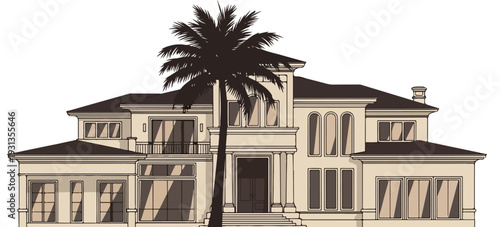 Luxury Mansion House with Palm Tree Vector Illustration