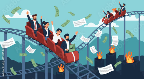 Group of business people experiencing a volatile market ride on a rollercoaster with money and papers flying over fire.