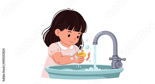 Young girl with dark hair diligently washing her hands with yellow soap at a bathroom sink to maintain hygiene and health.