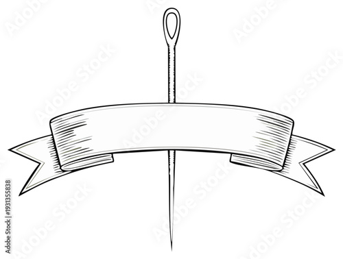 Blank Ribbon Banner on Sewing Needle Emblem Design Vintage Style