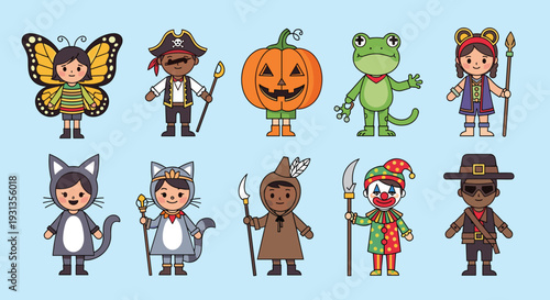 Collection of ten diverse children wearing various imaginative costumes including a pirate, butterfly, frog, and pumpkin.