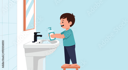 Young boy standing on a stool while washing his hands with liquid soap at a white bathroom sink against a blue wall.