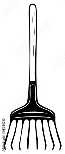Black and white illustration of a garden rake tool