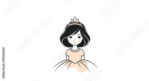Elegant illustration of a young princess with dark hair wearing a sparkling gold crown and a pearl necklace on white.