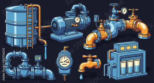 Collection of plumbing and industrial water system components.