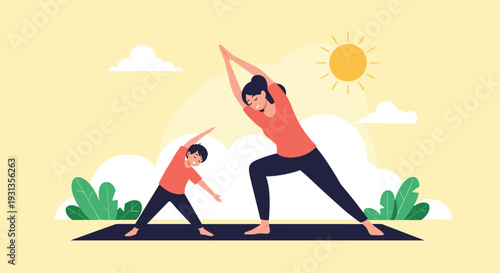 Mother and her young son practicing yoga together outdoors on a mat under a sunny sky with clouds and green plants.