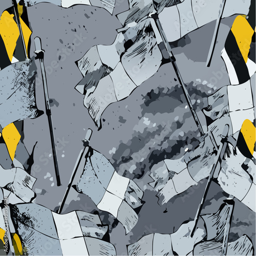 Abstract chaotic pattern of stylized grey and yellow flags.