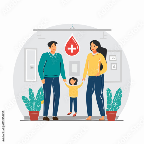 Happy young family standing together with a blood donation symbol.
