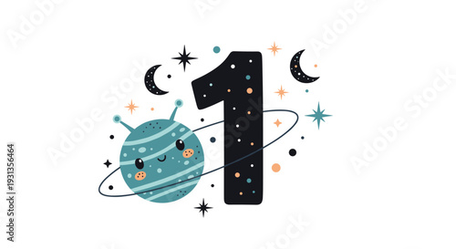 Stylized number one decorated with a smiling ringed planet, crescent moons, and stars in a space-themed illustration.