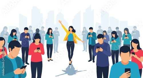 Cheerful woman celebrating and raising her arms in a crowd of diverse people busy looking down at their smartphones.