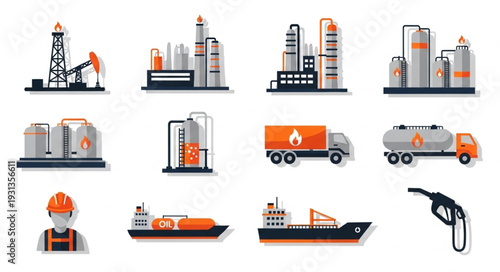 Collection of industrial and energy production icons.