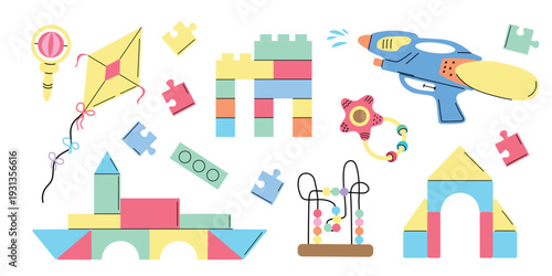 Colorful children toys illustration featuring building blocks, kite, rattle, bead maze, water gun, puzzles and stacking shapes