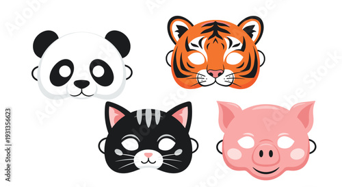 Set of four animal party masks for children including a panda, tiger, cat, and pig with cutouts for eyes on white.