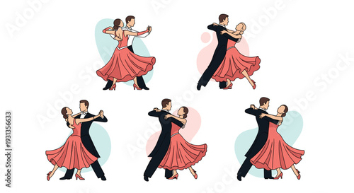 Collection of five elegant ballroom dancing couples in formal black suits and flowing peach dresses on abstract backgrounds.