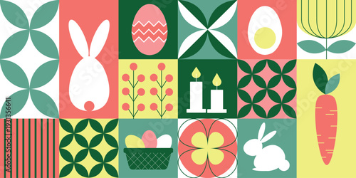 Modern geometric Easter pattern featuring bunny, eggs, carrot, candles and floral motifs in soft pastel blocks