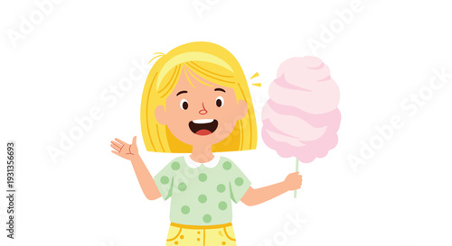 Happy young girl with blonde hair holding a large fluffy pink cotton candy on a stick at a fair or amusement park.