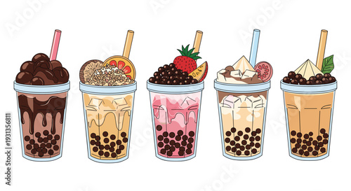 Collection of five delicious bubble tea flavors with various toppings like chocolate and fruit in clear plastic cups with straws.