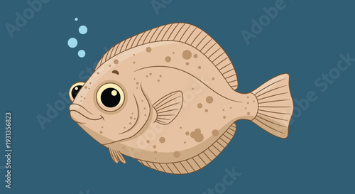 Cute cartoon flounder fish with large eyes and brown spots swimming in the blue ocean with small bubbles floating above its head.