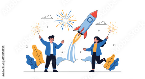 Joyful man and woman holding sparklers celebrate while a space rocket launches into the sky amidst colorful festive fireworks.