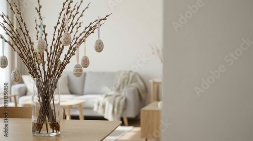 Elegant spring Easter home decoration with painted eggs hanging on pussy willow branches