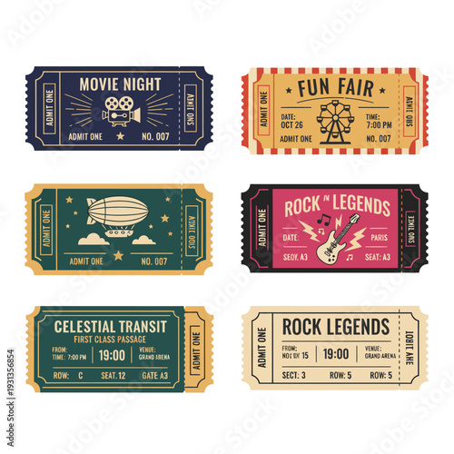Vintage Event Ticket Collection with Retro Designs for Movie Night Fun Fair Rock Legends and Celestial Transit Admit One Pass Templates for Invitation and Branding Design