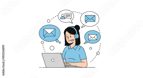 Customer service representative wearing a headset works on her laptop surrounded by icons for email and message communication.