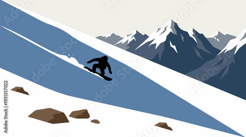 Snowboarding in the Mountains with Athlete Silhouette Carving Down Snowy Slope and Majestic Peaks Winter Extreme Sports Vector Illustration for Ski Resort Branding