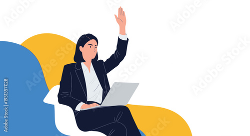 Professional woman in a suit sits with a laptop and raises her hand to ask a question during a business meeting or conference.