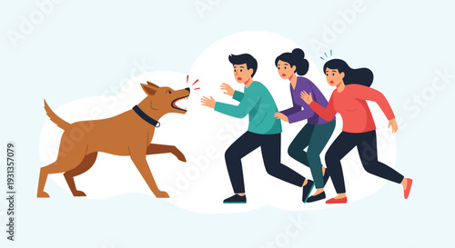 Large brown dog barking aggressively at three frightened people who are running away in fear within a stylized cloud shape.