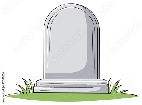 Grave marker rests peacefully with grass in a serene landscape, illustration of memorial headstone in tranquil cemetery