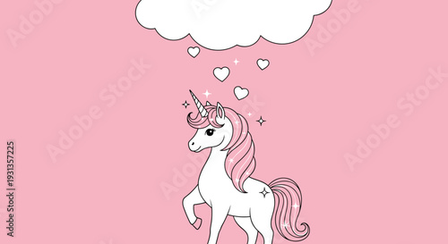 Magical white unicorn with a pink mane and sparkling details stands under a white cloud with hearts on a pink background.
