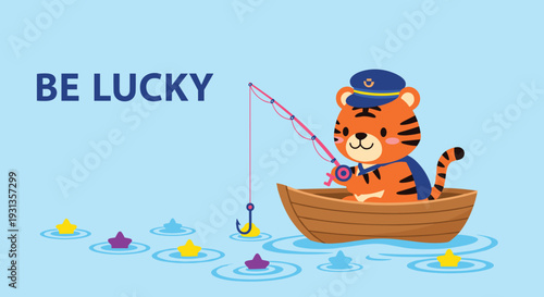 Cute cartoon tiger wearing a captain's hat is fishing from a small wooden boat in blue water surrounded by floating stars.