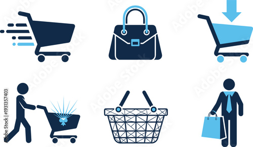 Collection of Shopping Cart Icons with Different Designs, Man Pushing Cart, Shopping Bag, Basket, and Fast Delivery Illustrations in Blue
