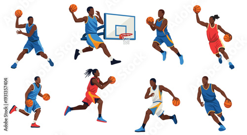 Dynamic collection of male and female basketball players performing various moves like dribbling and shooting the ball.