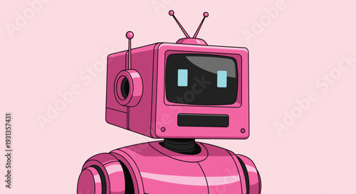 Close up portrait of a cute pink retro style robot with glowing blue eyes and antennae on a soft pink background.