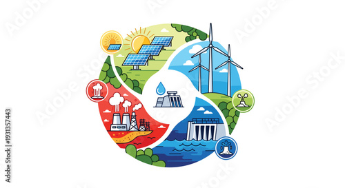 A circular diagram illustrates various energy sources including solar wind hydro fossil fuels and geothermal power, Generative AI.